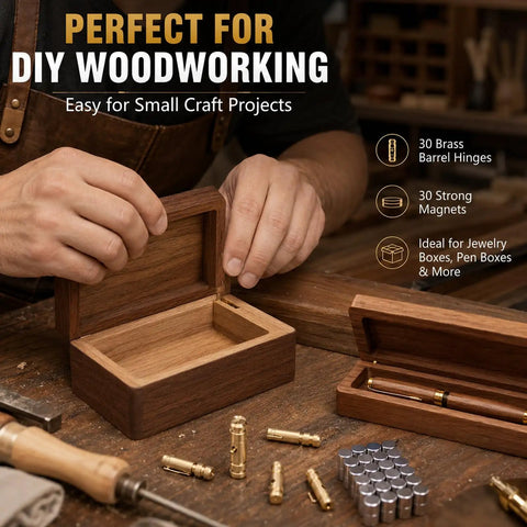 Hidden Brass Hinges Set For Wooden Boxes, Mini Barrel Hinges With 270 Degree Folding And Magnets on workbench with open box