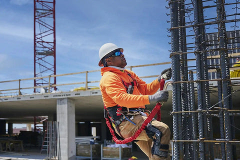 Worker on site with Premium EagleLite Harness With Tongue Buckles And 3 Steel D Rings For All Day Fall Protection