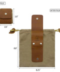 Waxed Canvas Foraging Belt Pouch With Leather Trim Collapsible Outdoor Pouch, shown unfolded and folded, with dimensions