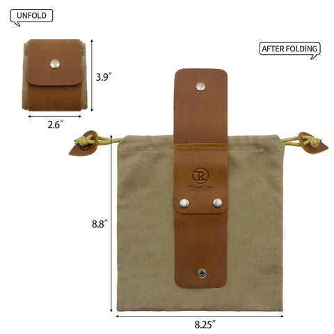 Waxed Canvas Foraging Belt Pouch With Leather Trim Collapsible Outdoor Pouch, shown unfolded and folded, with dimensions