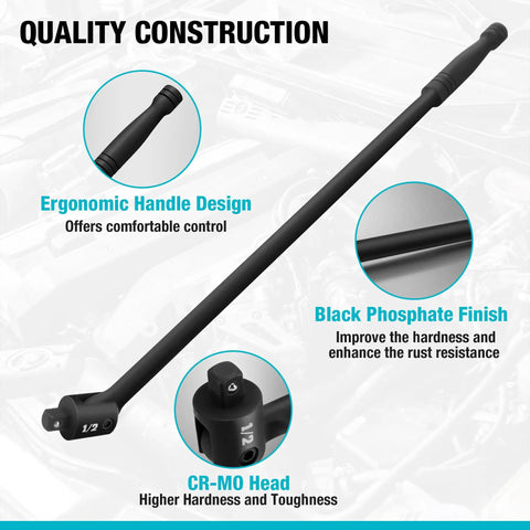 Rugged 24 Inch Breaker Bar Featuring 240 Degree Flex Head And Half Inch Square Drive with ergonomic handle and CR-MO head.