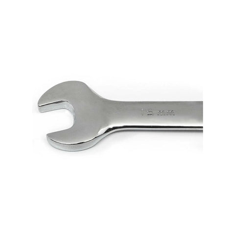 Close-up of a wrench from the 25 Piece Combination Ratcheting Wrench Set with Off Corner Loading for Better Grip and Reduced Fastener Rounding, Thin Heads for Tight Spaces, Size Markings on Both Ends, SAE and Metric, Pro Grade Hand Tools.