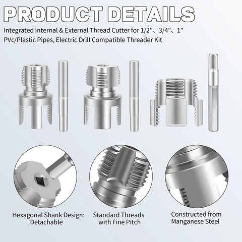 Pro 3 Piece Pvc Pipe Threader Kit For 1/2, 3/4 And 1 Inch Pvc Plastic Pipes showing integrated thread cutters and hex shank design.