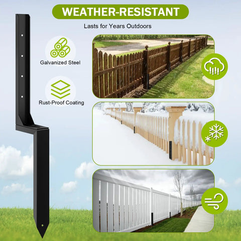 Set Of 4 Heavy Duty Fence Post Repair Anchors With Adjustable Width Ground Stakes showcased in various weather conditions