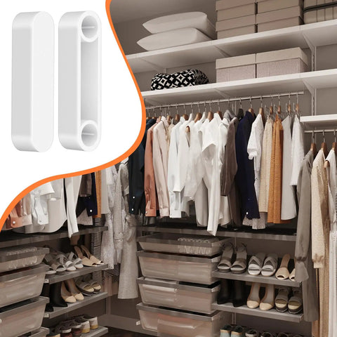 Four Pack Plastic Wire Shelf End Caps And Rod Spacer Caps For Closet Rods White Dope Easy Install in a neatly organized closet