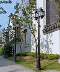 Top Shelf Dual Head Outdoor Led Street Light With Slick Water Wave Glass And Heavy Duty Aluminum Pole in landscaped area.