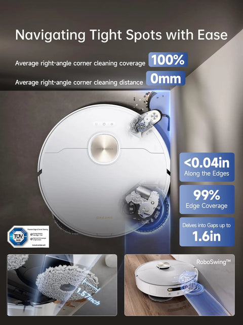 X40 Ultra Robotic Vacuum With Removable And Liftable Mop And 12000 Pa Suction cleaning a corner with side brush, white surface
