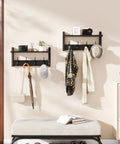 Coat Rack Shelf Wall Mount With 8 Hooks Set Of 2 holding hats, a scarf, a bag, and decorative items in an entryway setup.