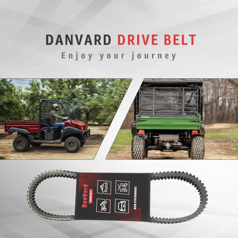 Heavy Duty Drive Belt For Kawasaki Mule 3000 3010 3020 4000 4010 4x4 Models 2001 to 2024 Replacement KAF620 Parts No Slippage Fiber Reinforced 59011 1077 displayed with utility vehicle in background