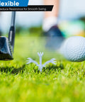 Golfer using adjustable rubber golf tee for swing height with club, showing unbreakable tees for 2.1-2.9 inches practice.