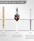 5-piece countersink drill bit set with 82-degree HSS bits and 1/4 in hex shanks for wood, metal, plastic
