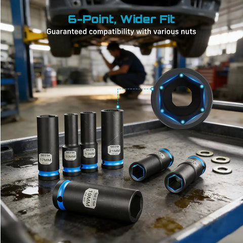 Heavy Duty Half Inch Deep Impact Socket Set With Magnetic Rail, various socket sizes on workshop table