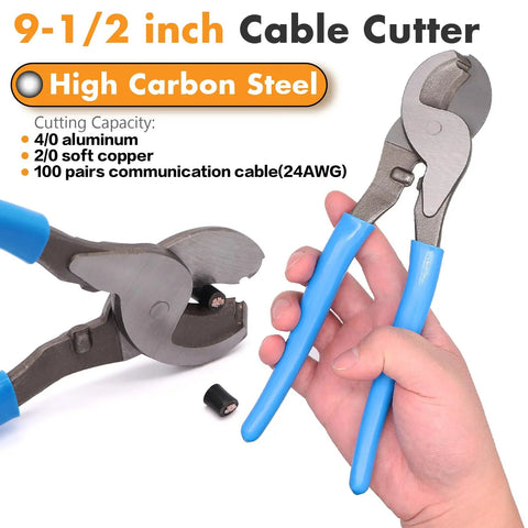 9-1/2 inch high carbon steel cable cutter, blue handle, showcased for 1/0 Gauge CCA Power And Ground Wire Kit 40 Ft Total 20 Ft Red 20 Ft Black With Free Wire Cutter For Car Amplifier Power And Ground Cable Big Three Upgrade Solar RV.