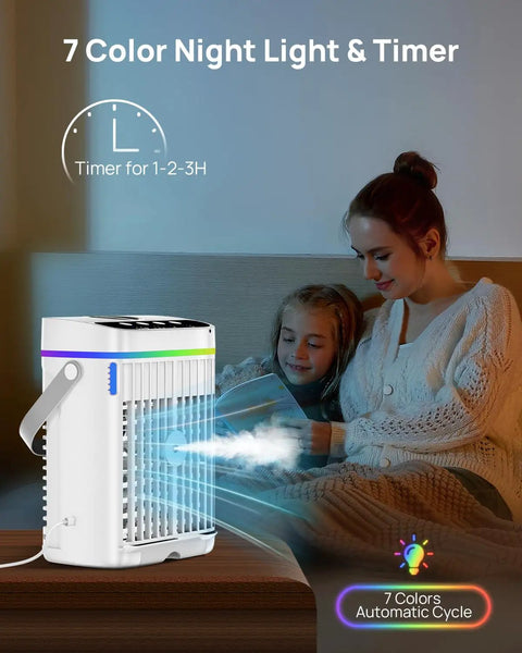 Compact 4-In-1 Mini Air Conditioner With Ice Water Cooling beside a woman and child with soft night light