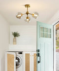 Amber Glass Bubble Sputnik Chandelier In Brass Gold Finish, 3 Light Semi Flush Mount Ceiling Light in entryway