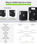 Beefy 85kg.cm Servo Motor RSBL85-24 with Aluminum Alloy Case and 360 Degree Magnetic Encoder, Version Options Displayed