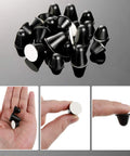 DIY Friendly Self Adhesive Black Conical Rubber Bumpers Set Of 24 In Three Size Options shown in hand and close-up view