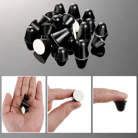 DIY Friendly Self Adhesive Black Conical Rubber Bumpers Set Of 24 In Three Size Options shown in hand and close-up view