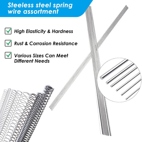 Front view: stainless steel spring wire assortment with straight 50 cm wires in 0.2–2 mm diameters, 40 pcs