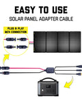 Diagram of MC4 Solar Panel To Power Station Adapter Cable with three leads for XT60, Anderson, DC5521 connectors, 10ft 14AWG cable.
