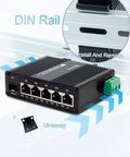 Industrial Grade Mini Gigabit Ethernet Switch with SFP Slot, Din Rail Mount, showing front view with ports and mounting clip