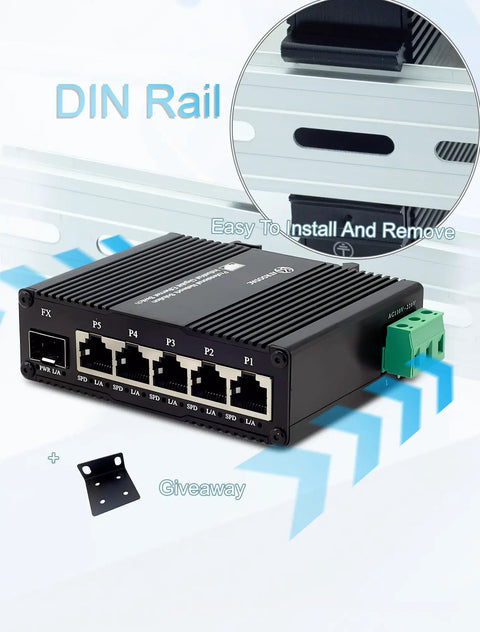 Industrial Grade Mini Gigabit Ethernet Switch with SFP Slot, Din Rail Mount, showing front view with ports and mounting clip