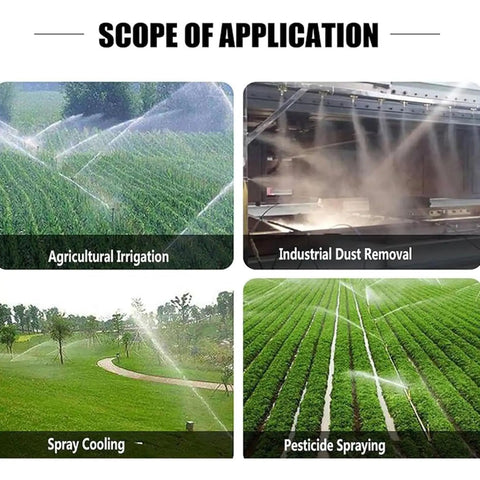 360 Degree Rotating Farm Irrigation Spray Gun With Adjustable Nozzle For Large Garden Lawn Spraying Equipment Inlet, showcasing various applications.