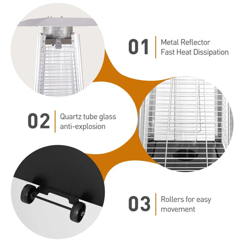 Features of Outdoor Propane Patio Heater 48000 BTU With Detachable Wheels And Protective Cover Black High Heat Space Heater For Patio And Backyard 360 Degree Warmth Quick Start Easy Mobility, including metal reflector, quartz tube, and rollers.