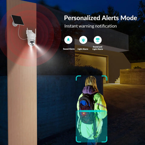Solar Wireless Outdoor Security Camera 3MP With 2.4G WiFi showing personalized alerts mode with motion detection at night