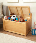 Wooden toy chest with open lid using Pair Of Soft Close Toy Box Hinges With 105 Degree Lid Stay For Upward And Top Opening Flaps Slow Close Design For Safer Lids Kid Friendly Easy Install For Toy Chests Storage Boxes And Wooden Boxes filled with toys in living room.
