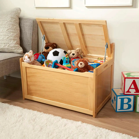 Wooden toy chest with open lid using Pair Of Soft Close Toy Box Hinges With 105 Degree Lid Stay For Upward And Top Opening Flaps Slow Close Design For Safer Lids Kid Friendly Easy Install For Toy Chests Storage Boxes And Wooden Boxes filled with toys in living room.