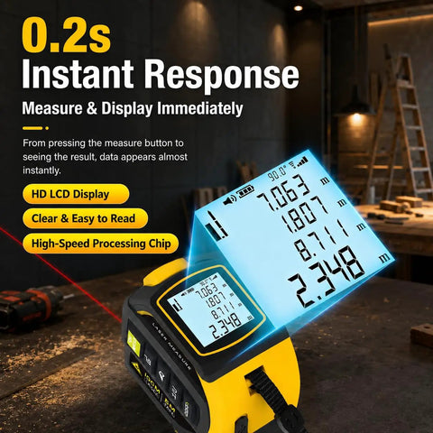 Badass 4 In 1 Laser Tape Measure With 328 Ft Range And 16 Ft Self Locking Blade featuring HD LCD display showing measurements.