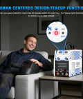 All In One 130 Amp Plasma Cutter Welder Combo With Dual Voltage in use, shown with user taking a break, teacup design feature highlighted.