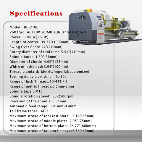 Specifications of Brand New Mini Metal Lathe 1.1KW Brushless Motor 8x39 Inch Benchtop Engine For Precision Wood And Steel Turning Projects.