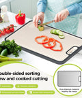 Person slicing cucumbers on Two In One Titanium Cutting Board Heavy Duty Dual Sided Kitchen Tool With Pure Titanium And PP Surfaces