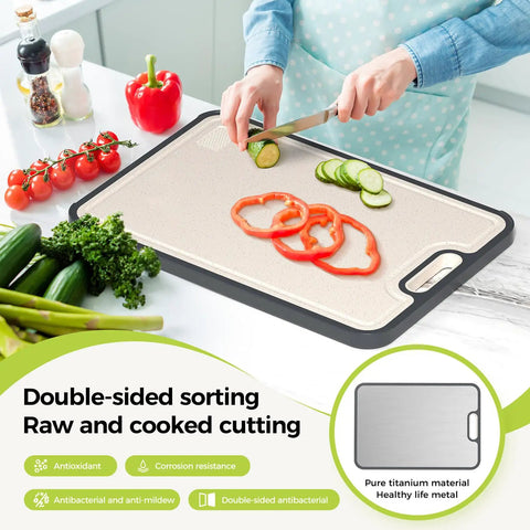 Person slicing cucumbers on Two In One Titanium Cutting Board Heavy Duty Dual Sided Kitchen Tool With Pure Titanium And PP Surfaces