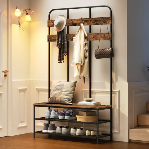Spacious Rustic Brown Hall Tree With Bench And Coat Rack All In One Mud Room Storage With 12 Double Hooks And Shoe Organizer For Foyer