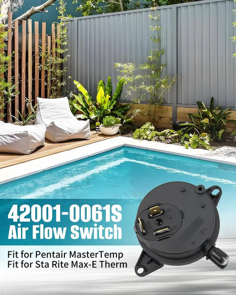 Air Flow Switch and Pressure Switch Replacement AFS for Pentair MasterTemp 125 200 300 400 Pool Heaters and Sta Rite Max E Therm Water Heaters Electrical System Compatible, shown next to a pool.