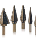 Titanium Coated HSS Step Drill Bit Set With 50 Sizes In 5 Unibits, ideal for DIYers and Pros, shown with varying bit sizes for sheet metal.