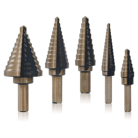 Titanium Coated HSS Step Drill Bit Set With 50 Sizes In 5 Unibits, ideal for DIYers and Pros, shown with varying bit sizes for sheet metal.