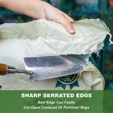 Garden Trowel With Serrated Edge And Four Inch Depth Marks, Stainless Steel Blade With Comfortable Wood Handle