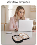 Woman using laptop with On The Go Electronics Organizer Travel Case with two layer cord organizer and seven mesh pockets beige.