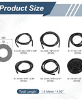 Six Pack Heavy Duty Silicone Vacuum Hose Kit With 3/16 To 1/2 Inch Sizes For Hot Engine Bays Handling Up To 43 PSI Pressure And Extreme Temps Like A Champ product size chart with six black hose coils