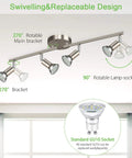 4 Light Track Lighting Kit With 24.8 Inch Matte Nickel Bar And Flexible Rotatable Heads mounted on ceiling with GU10 Bulbs diagram