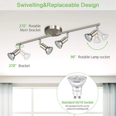 4 Light Track Lighting Kit With 24.8 Inch Matte Nickel Bar And Flexible Rotatable Heads mounted on ceiling with GU10 Bulbs diagram