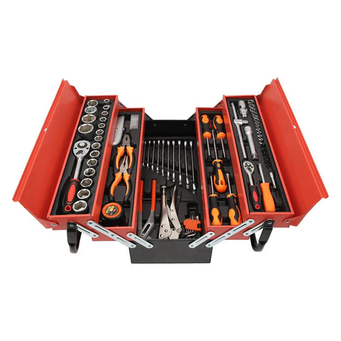 Open red toolbox showing Multifunction Ratchet Socket Tool Kit With 85 Piece Folding Wrench Set For Car And Motorcycle Repair Pro Grade Kit