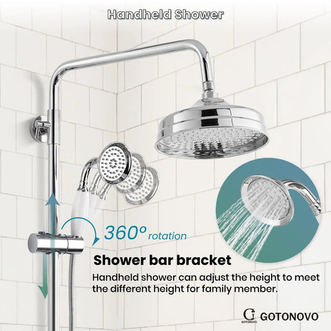 Dope Exposed Shower Faucet Set With 8 Inch Wall Mount Rainfall Head, Handheld Spray, Cross Double Handles, Polished Chrome Bath System