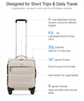 Diagram detailing features of Underseat Carry On Luggage With Smooth Spinner Wheels, Airline Approved, lightweight, for 2-day travel.