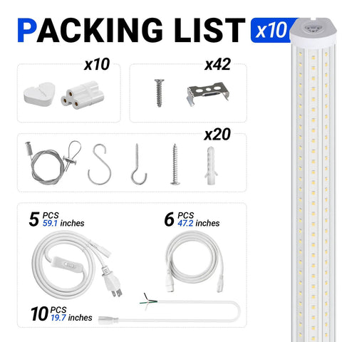8 Foot LED Shop Light With 140W Output And 17000 Lumens, 5000K Daylight, U Shaped Three Rows Design, accessories pack