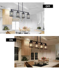 4 Light Linear Pendant Chandelier For Kitchen Island With K9 Crystal And Black Grid Shade Adjustable Height Dining Room Light Fixture Modern Black Pendant Lighting Over Table And Island, shown on and off over kitchen island.